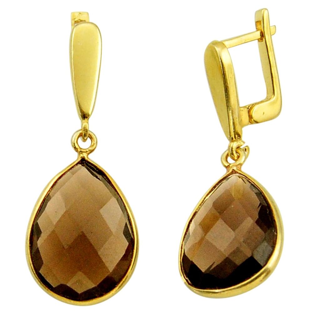 19.29cts brown smoky topaz 925 sterling silver 14k gold dangle earrings r31672