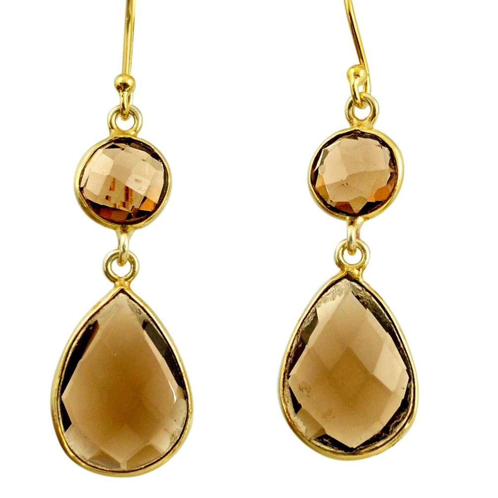 14.12cts brown smoky topaz 925 sterling silver 14k gold dangle earrings r38489