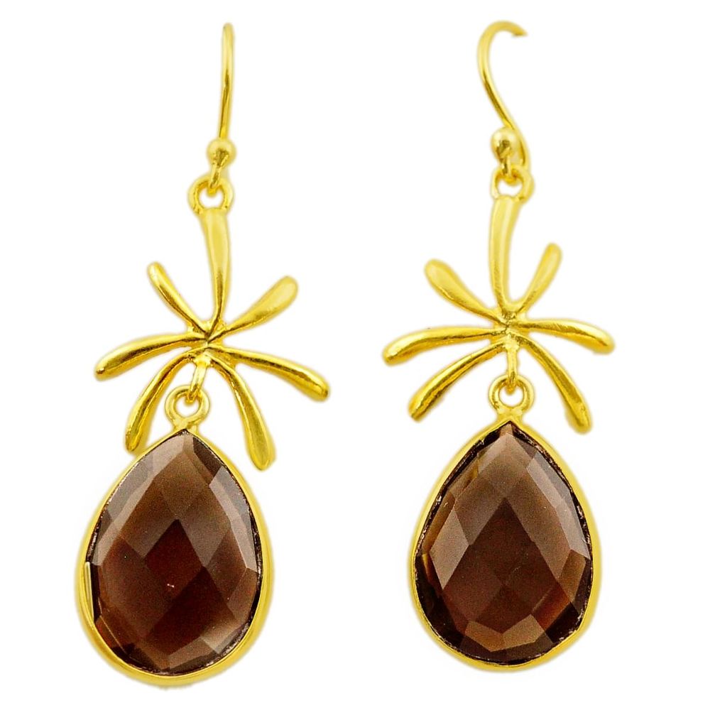 13.70cts brown smoky topaz 925 sterling silver 14k gold dangle earrings t44105