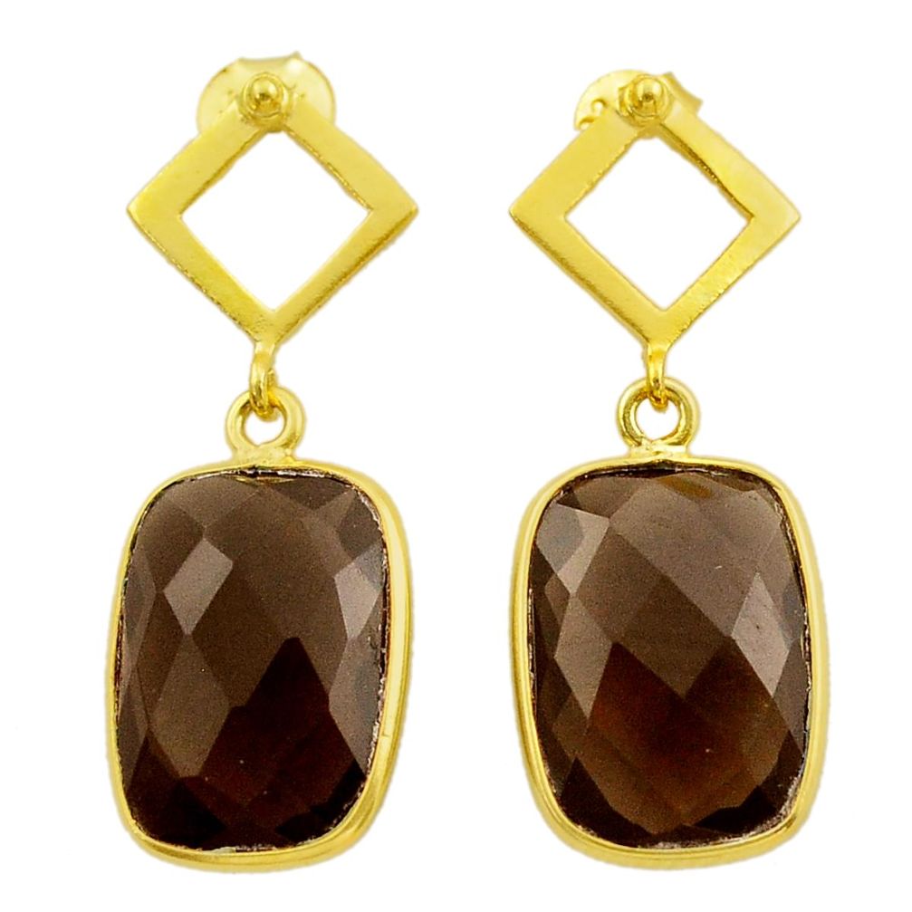 11.23cts brown smoky topaz 925 sterling silver 14k gold dangle earrings t44216