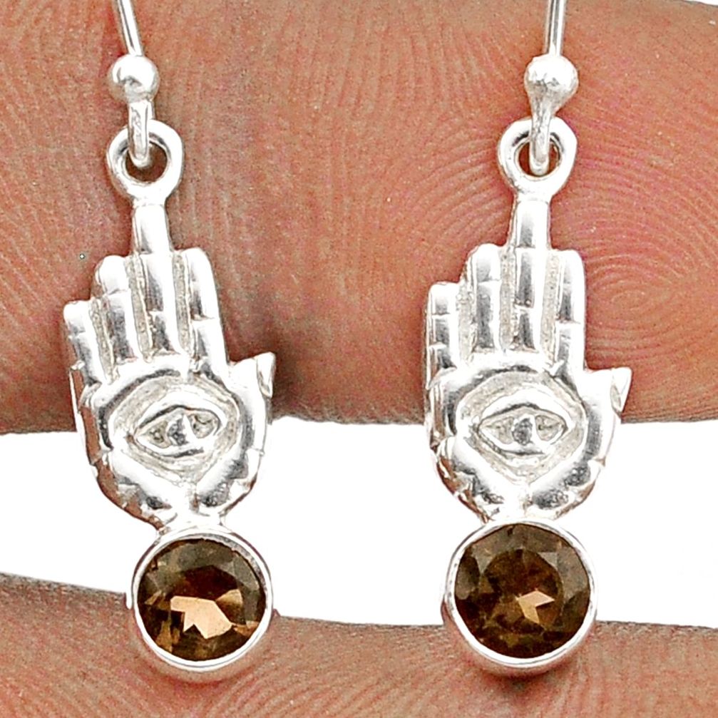 1.72cts brown smoky topaz 925 sterling silver hand of god hamsa earrings t85335