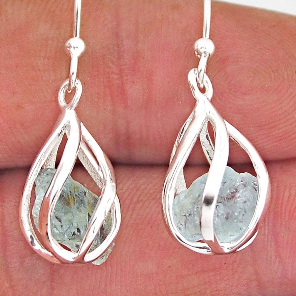 6.97cts cage natural aqua aquamarine rough fancy silver dangle earrings n4973