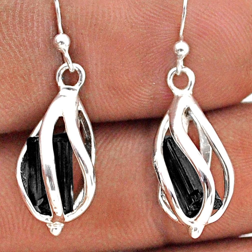 7.93cts cage natural black tourmaline rough 925 silver  dangle cage earrings t90079