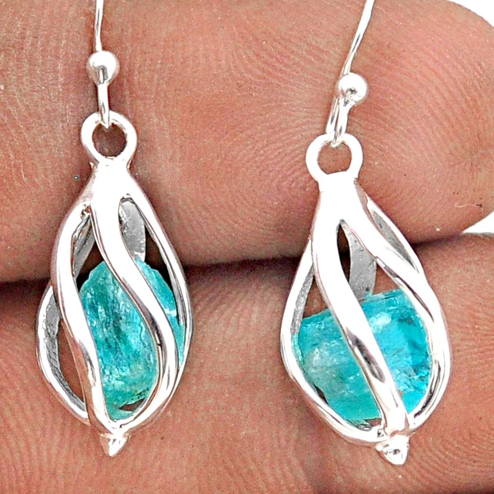 7.71cts cage natural green apatite rough 925 silver  dangle cage earrings t90082