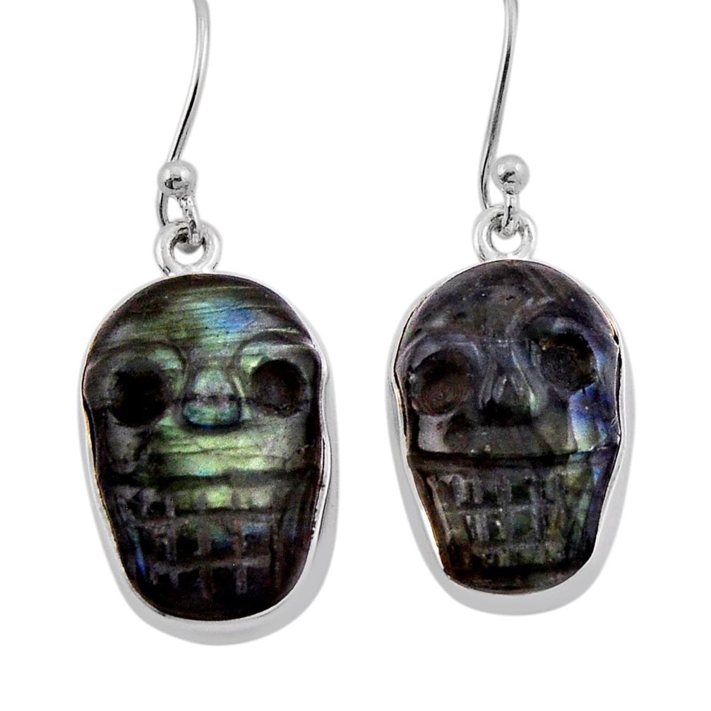12.96cts carving skull natural blue labradorite silver dangle earrings n39945