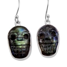 12.96cts carving skull natural blue labradorite silver dangle earrings n39945