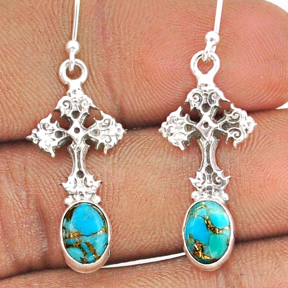 4.13cts celtic cross blue copper turquoise 925 silver dangle earrings t95745