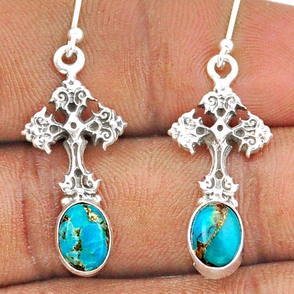 4.47cts celtic cross blue copper turquoise 925 silver dangle earrings t95757