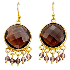 20.34cts checker cut brown smoky topaz 925 silver gold dangle earrings y2325