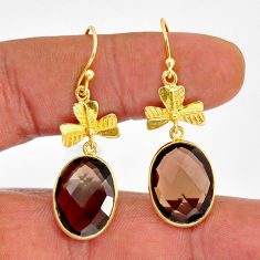 15.34cts checker cut brown smoky topaz 925 silver gold dangle earrings y74719