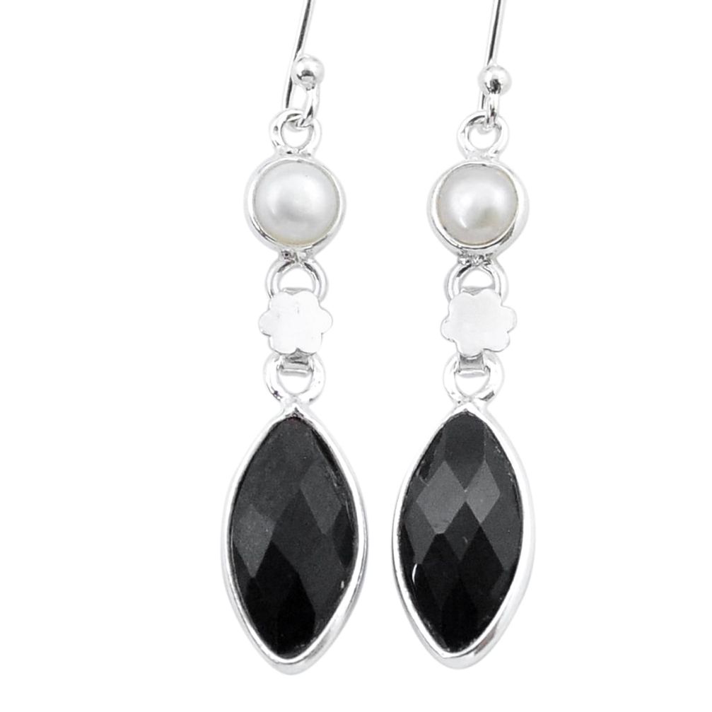 10.02cts checker cut natural black onyx pearl 925 silver dangle earrings u33289