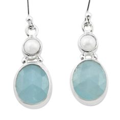 9.29cts checker cut natural blue aquamarine pearl silver dangle earrings u44536