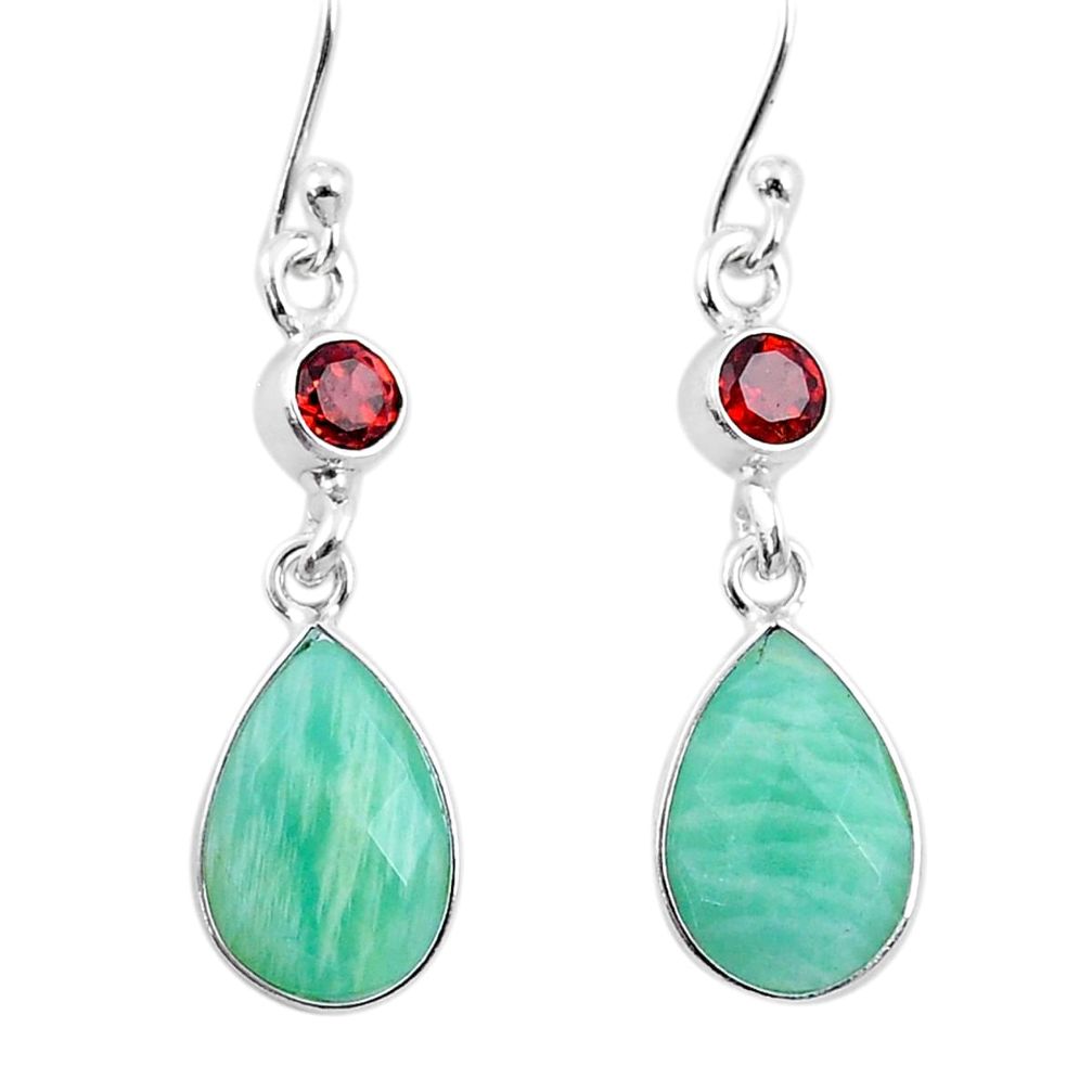 8.96cts checker cut natural green amazonite garnet silver dangle earrings u31824