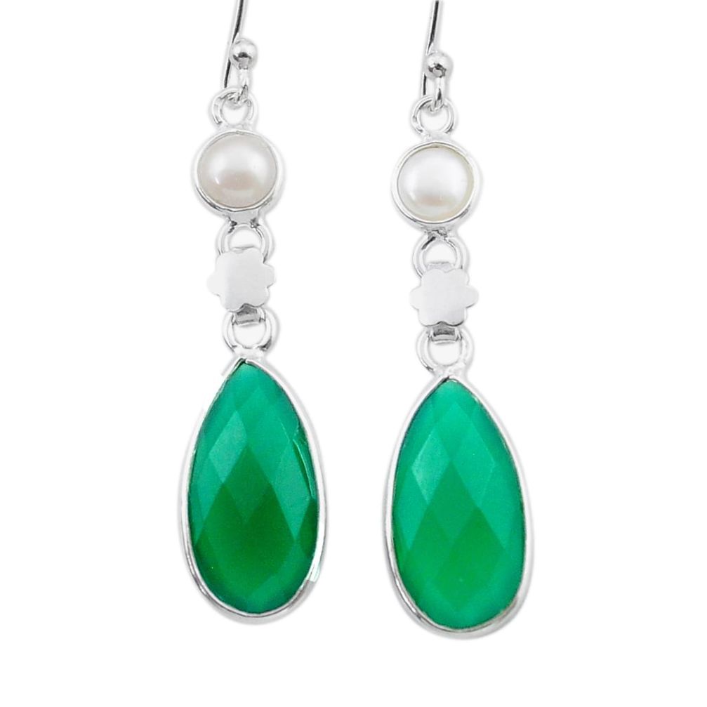 10.05cts checker cut natural green chalcedony pearl 925 silver earrings u33281