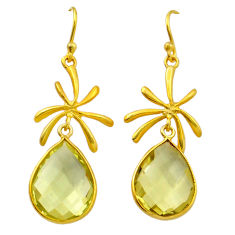 11.99cts checker cut natural lemon topaz 925 silver gold dangle earrings n28691