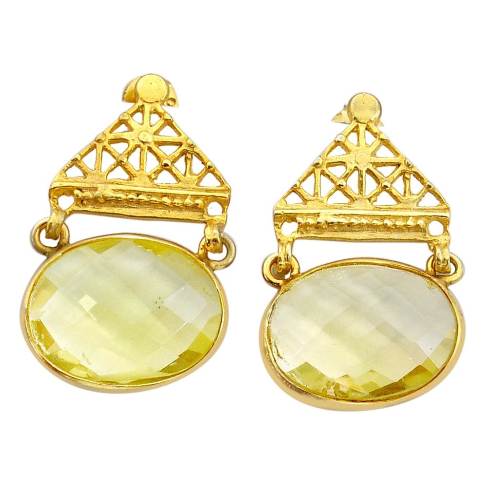 15.60cts checker cut natural lemon topaz 925 silver gold dangle earrings y2460