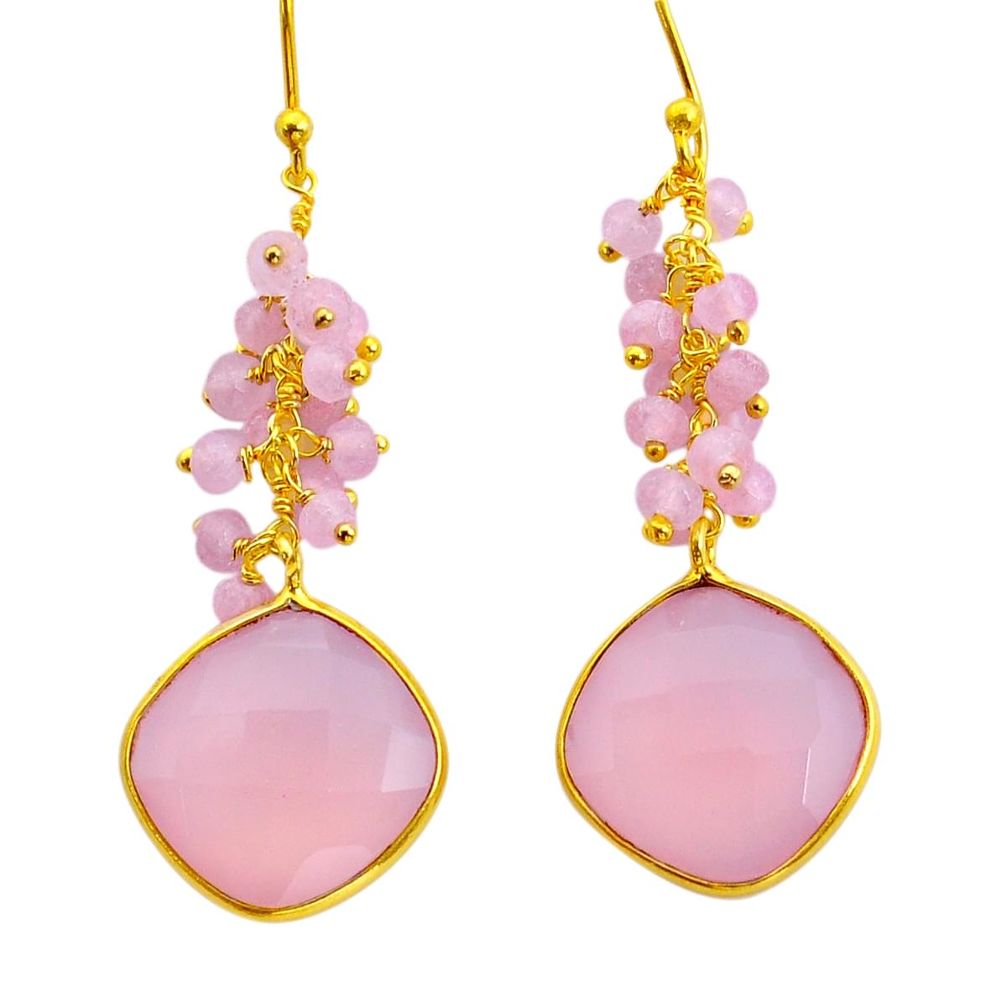 19.73cts checker cut natural pink rose quartz 925 silver gold earrings y2323