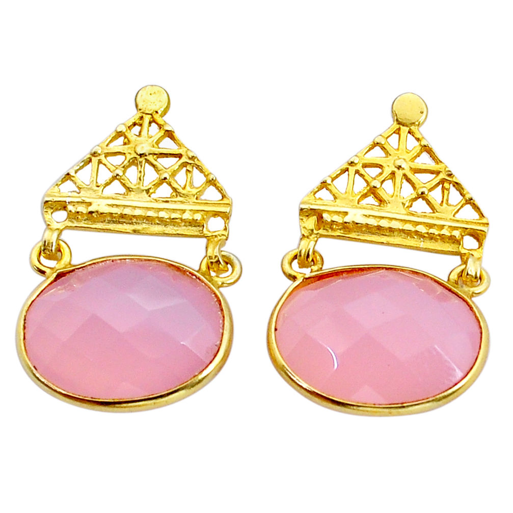 17.60cts checker cut natural pink rose quartz 925 silver gold earrings y2476