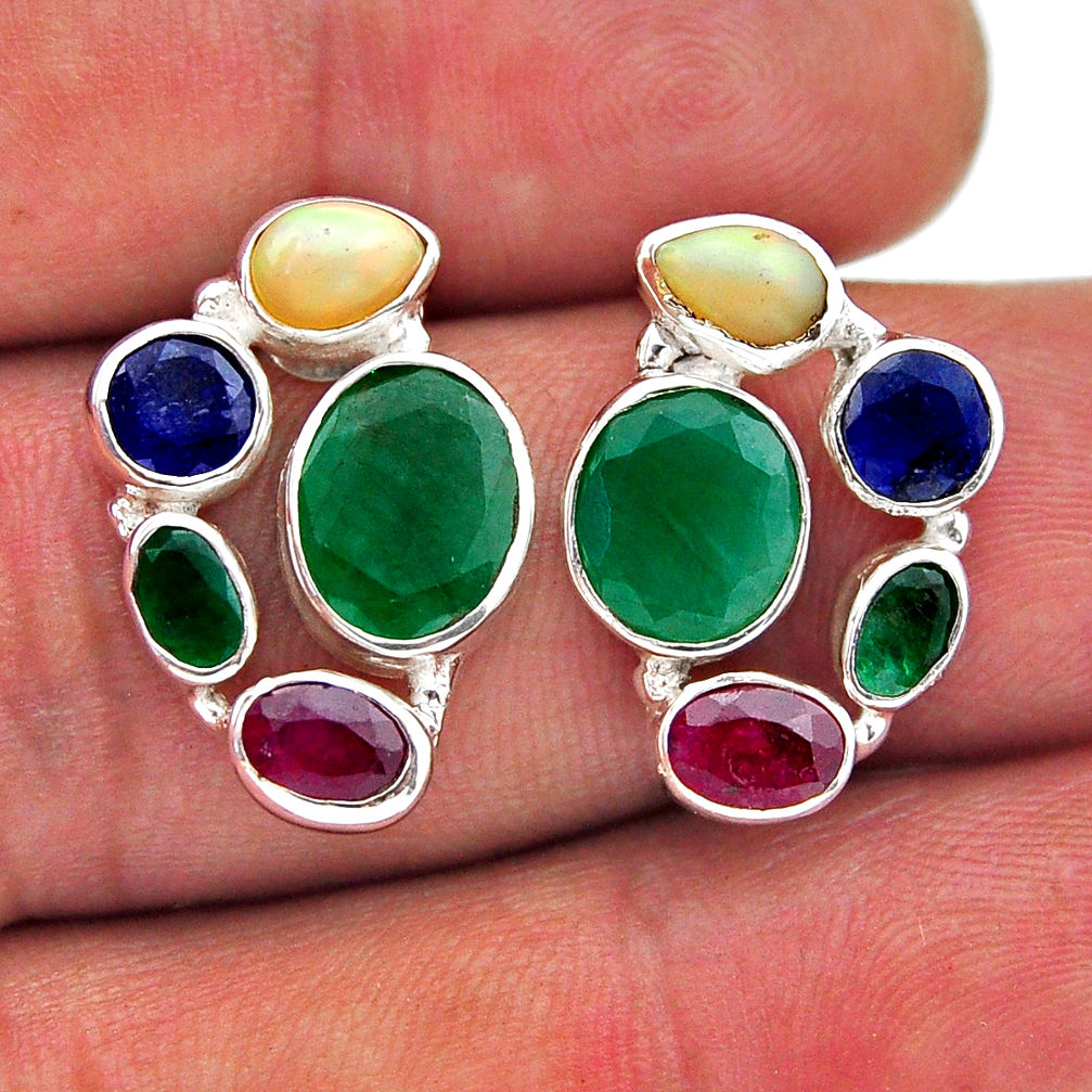 12.52cts emerald ethiopian opal ruby sapphire 925 silver dangle earrings n53121