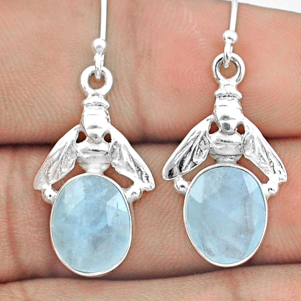 8.21cts faceted sea life natural blue aquamarine 925 silver honey bee earrings u20770