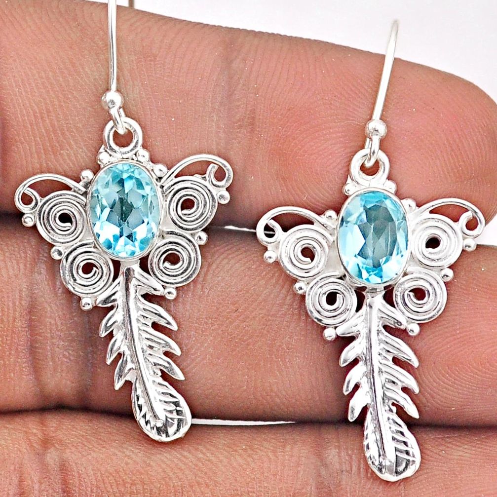 4.49cts feather natural blue topaz 925 sterling silver dangle earrings t87359