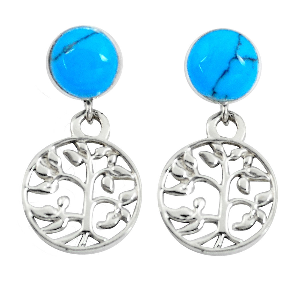 LAB 4.21cts fine blue turquoise 925 silver tree of life earrings jewelry c11641