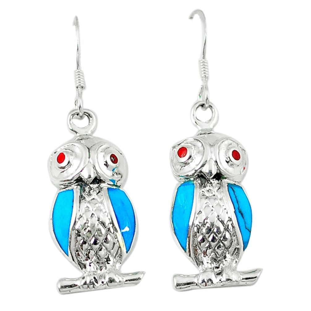 4.65gms fine blue turquoise coral enamel 925 sterling silver owl earrings c11858