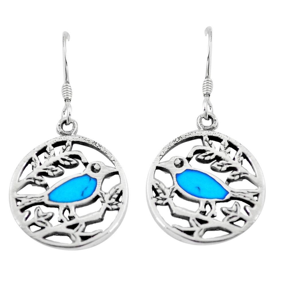 LAB 4.28gms fine blue turquoise enamel 925 silver birds earrings a88630 c14215