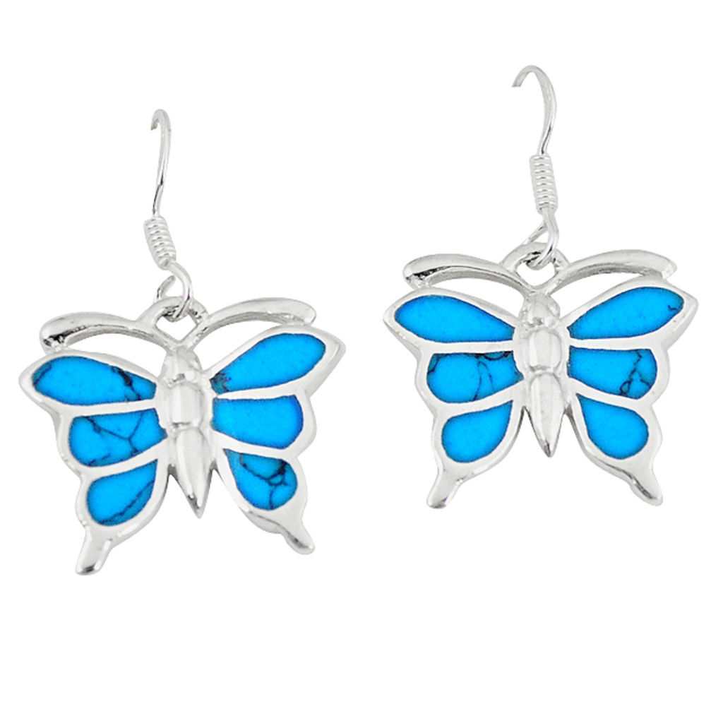 LAB 6.02gms fine blue turquoise enamel 925 silver butterfly earrings a46376 c14327