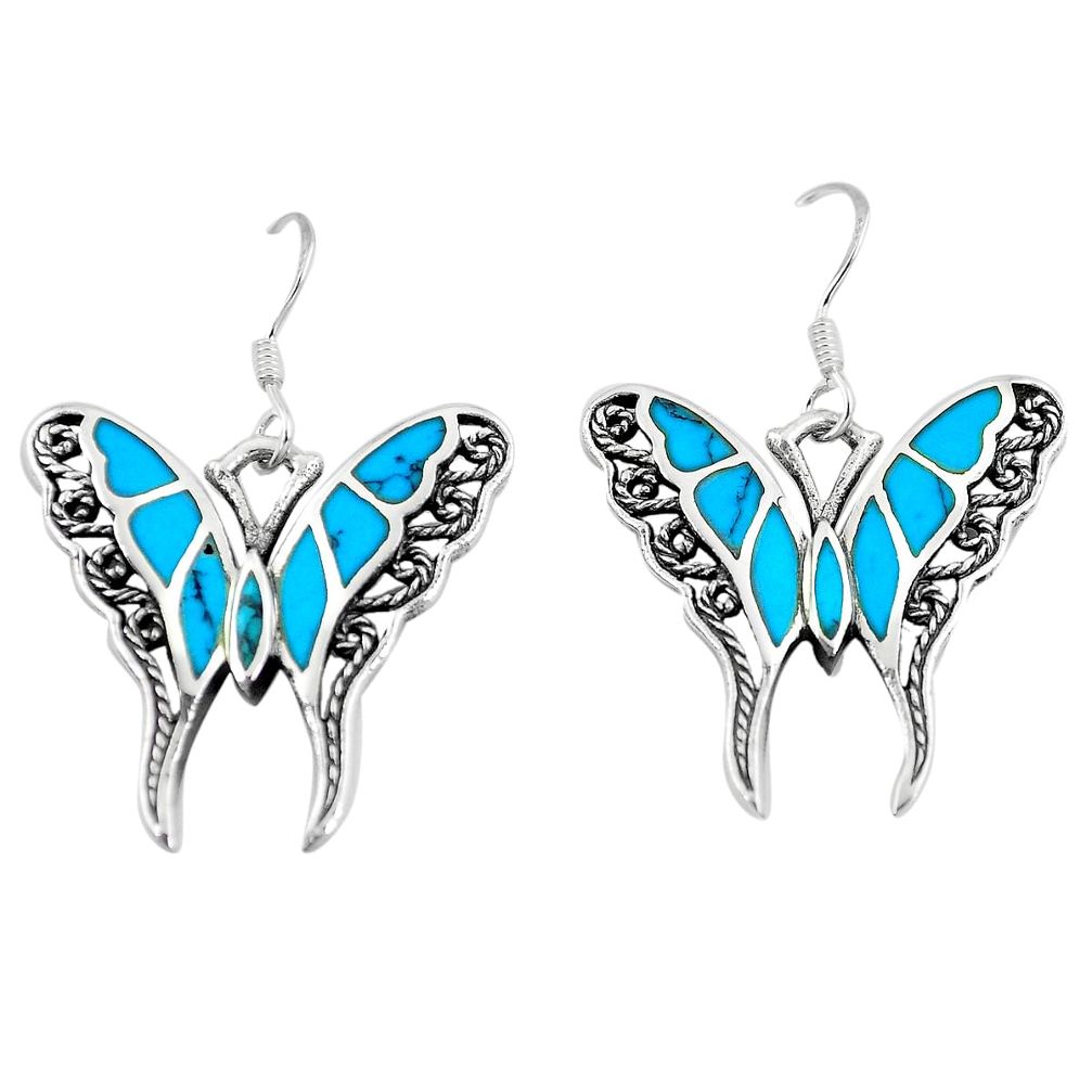 6.02gms fine blue turquoise enamel 925 silver butterfly earrings a88445 c13656