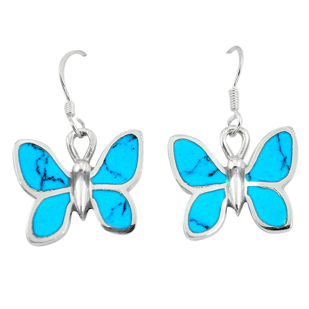 LAB 6.26gms fine blue turquoise enamel 925 sterling silver butterfly earrings c16944