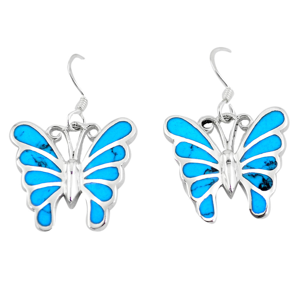 LAB 7.02gms fine blue turquoise enamel 925 silver butterfly earrings a88623 c13644