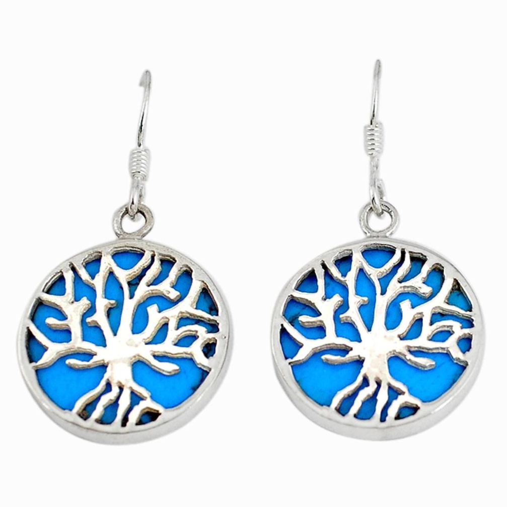Fine blue turquoise enamel 925 silver tree of life earrings jewelry c11662