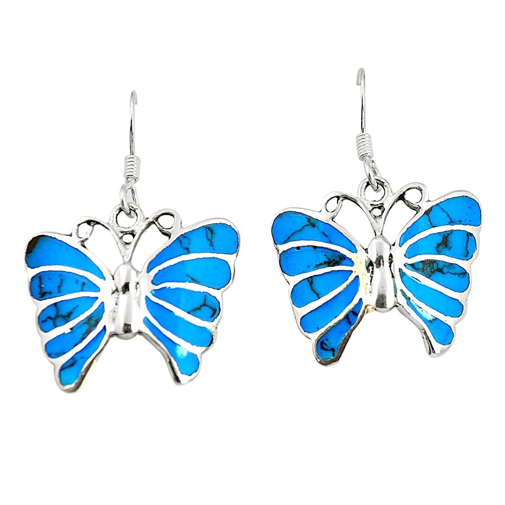 Fine blue turquoise enamel 925 sterling silver butterfly earrings c11588