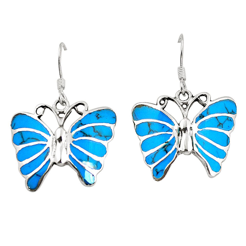 LAB Fine blue turquoise enamel 925 sterling silver butterfly earrings c11598