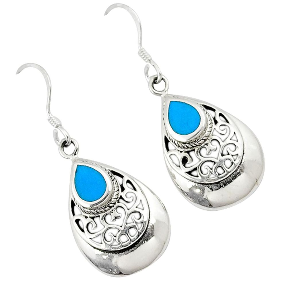 Fine blue turquoise enamel 925 sterling silver dangle earrings jewelry c11737