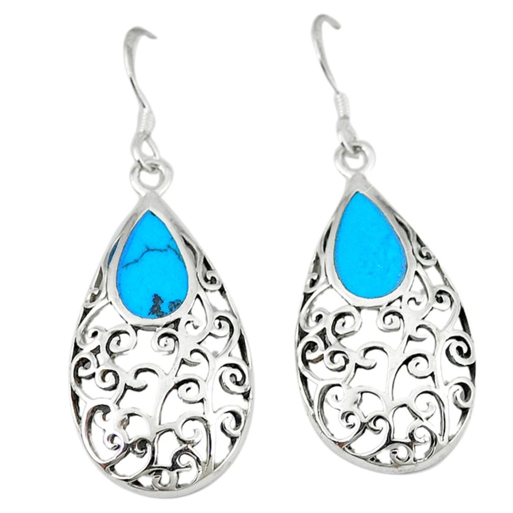 Fine blue turquoise enamel 925 sterling silver dangle earrings jewelry c11794