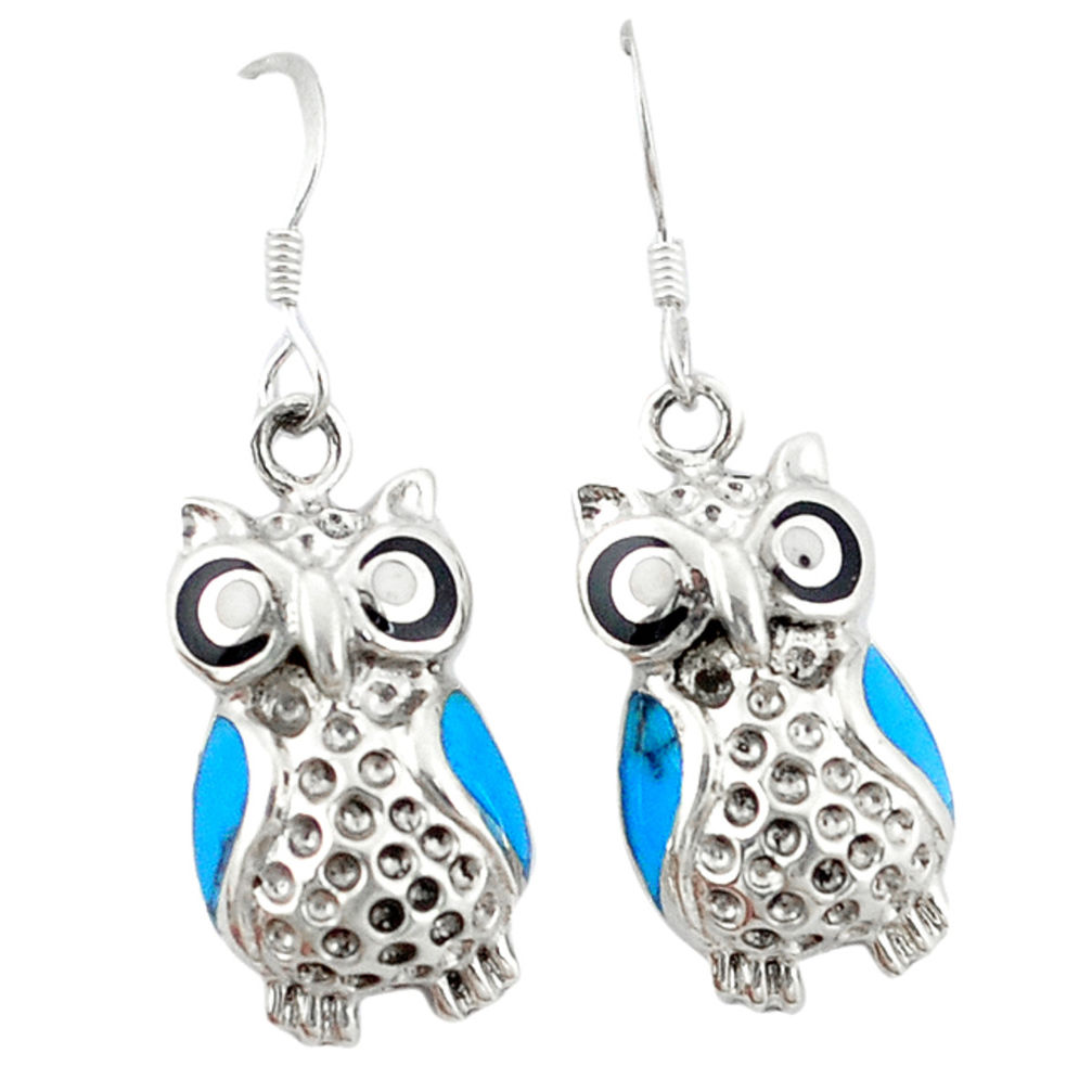 LAB Fine blue turquoise onyx enamel 925 sterling silver owl earrings c11853