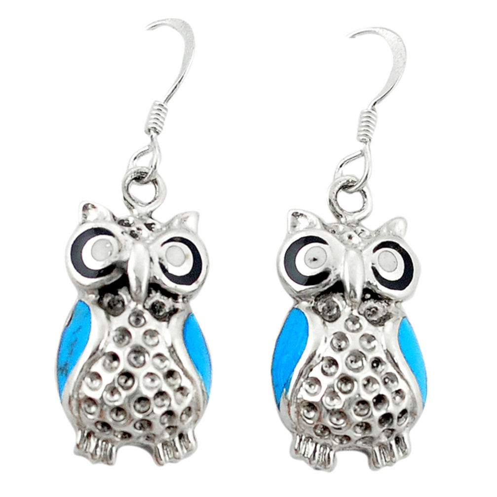 LAB Fine blue turquoise onyx enamel 925 sterling silver owl earrings c22188