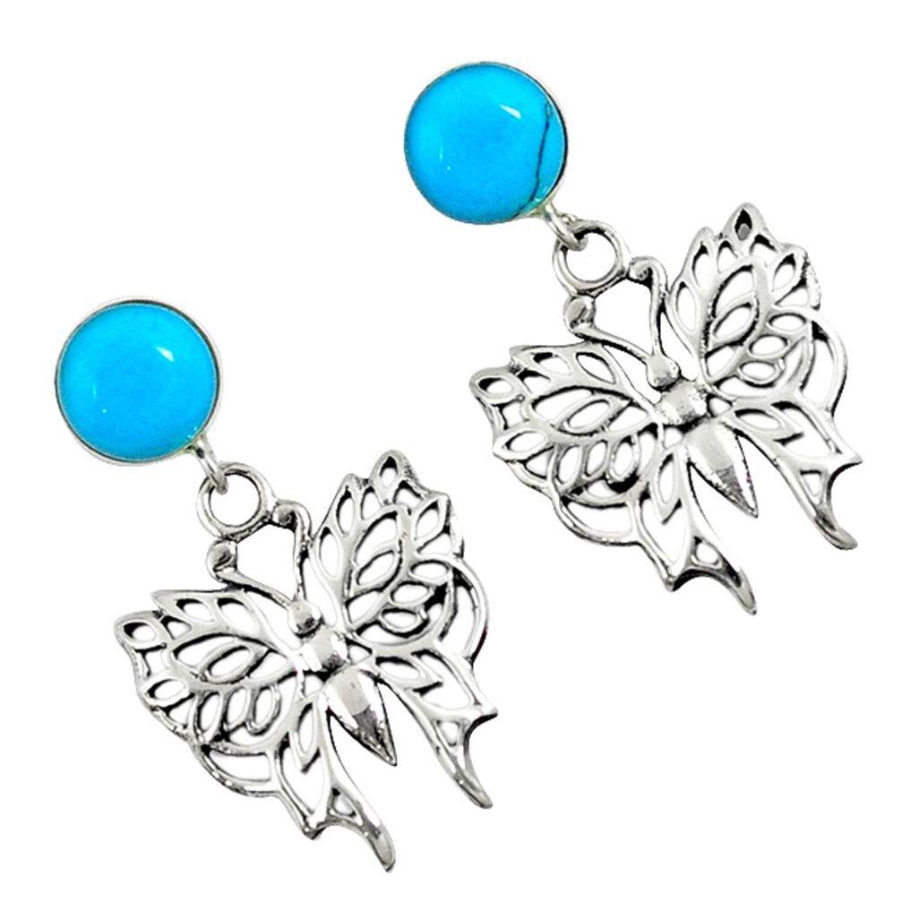 Fine blue turquoise round 925 sterling silver butterfly earrings c11683