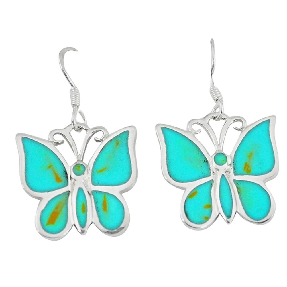 6.02gms fine green turquoise enamel 925 silver butterfly earrings c16945