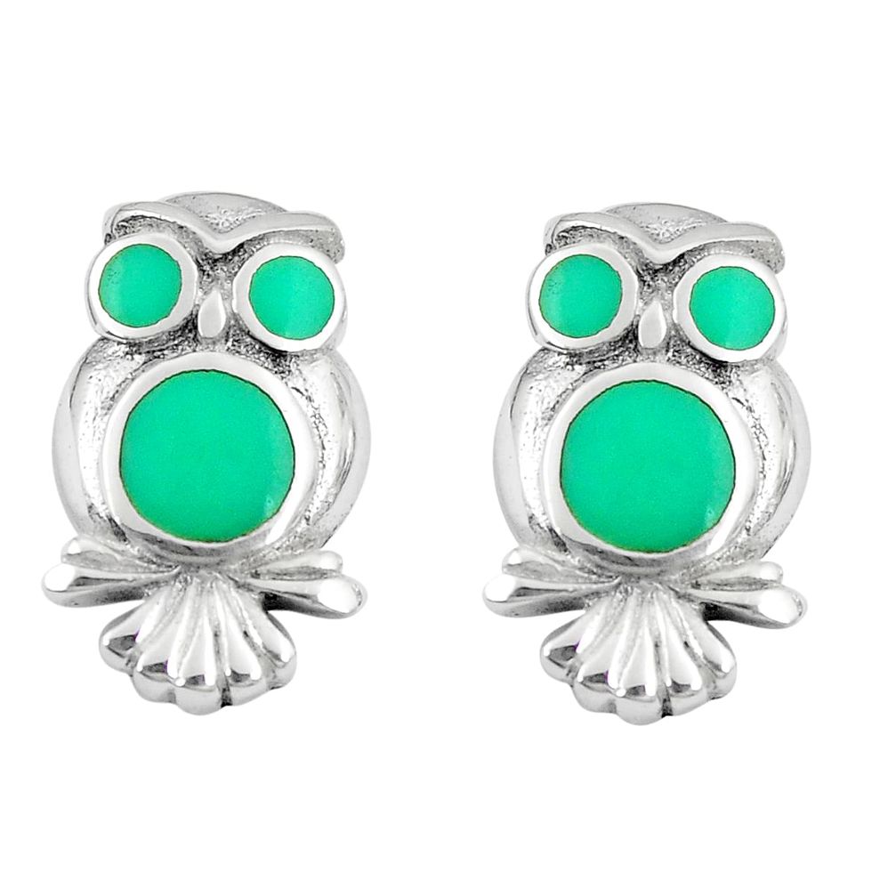 4.25gms fine green turquoise enamel 925 silver owl earrings a88640 c14261