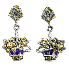 Fine marcasite enamel 925 sterling silver flower basket earrings jewelry c22409