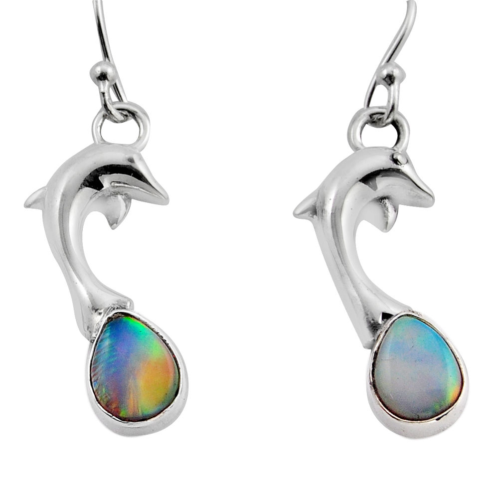 3.43cts fine volcano aurora opal 925 sterling silver dolphin earrings y84349