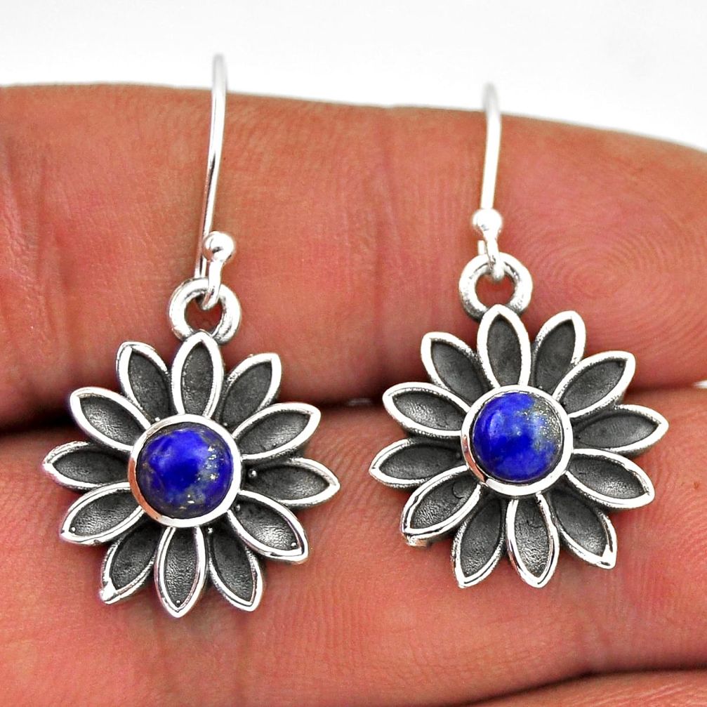 1.64cts flower natural blue lapis lazuli round 925 silver dangle earrings n38847