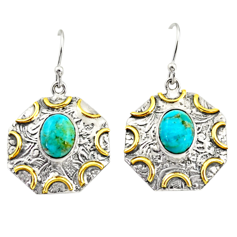 6.36cts green arizona mohave turquoise 925 silver gold dangle earrings r37188