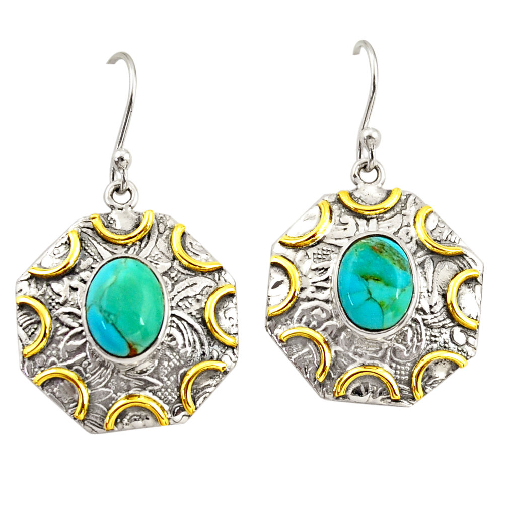 5.95cts green arizona mohave turquoise silver 14k gold dangle earrings r37187