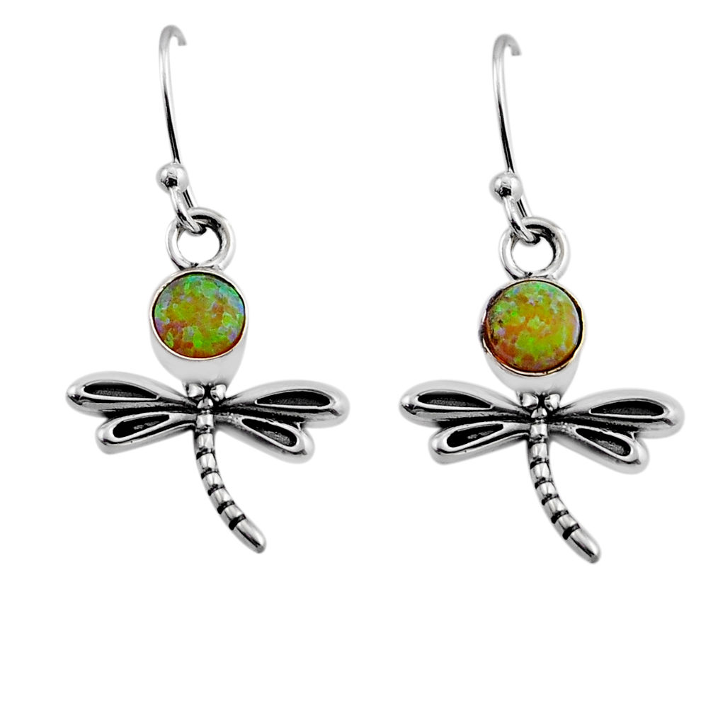 1.51cts green australian opal (lab) round 925 silver dragonfly earrings y84321