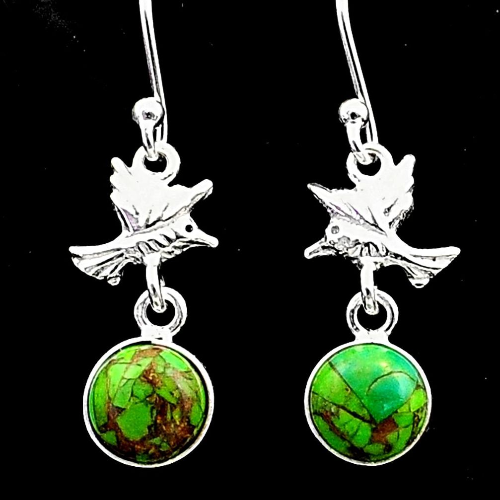 2.71cts green copper turquoise 925 sterling silver dangle birds earrings t62878