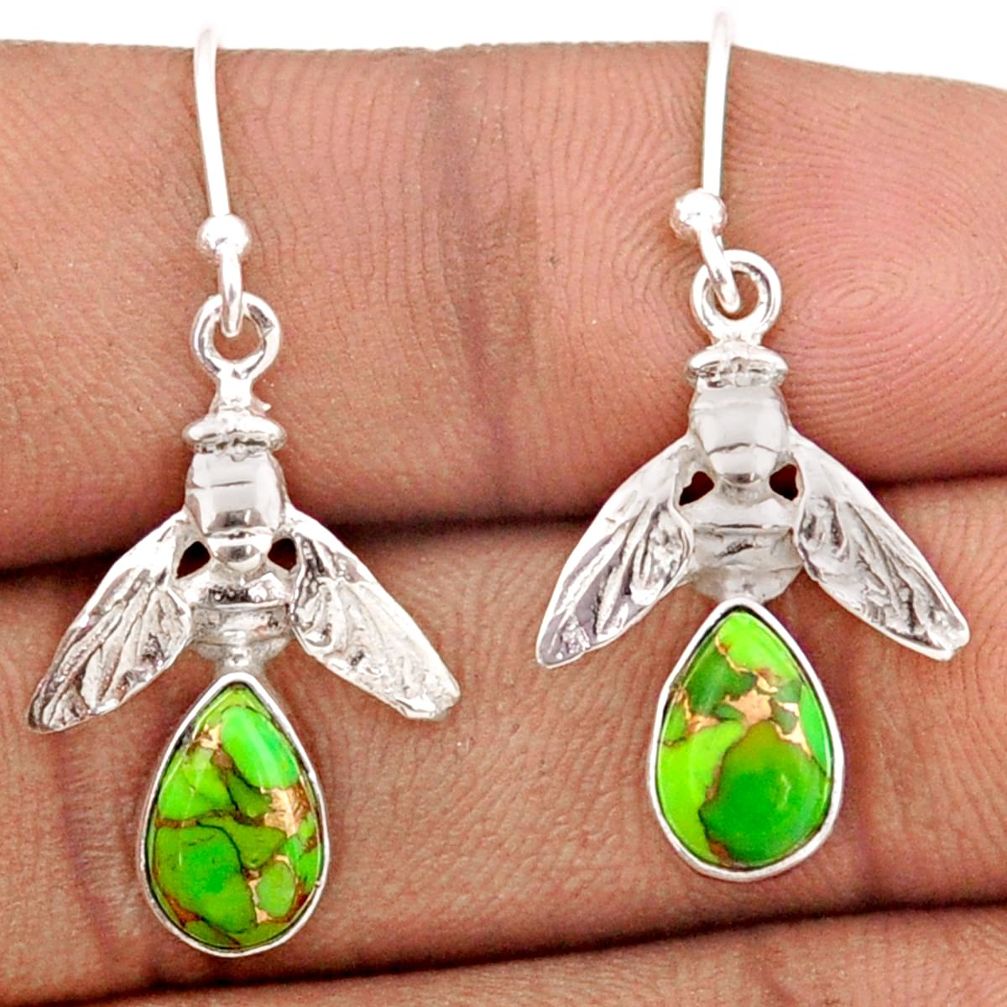 4.43cts green copper turquoise 925 sterling silver honey bee earrings t82805